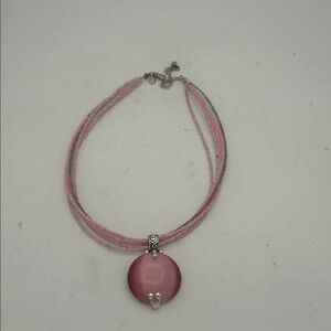 VTG Premier Designs Multi-Strand Beaded Necklace w/ Round pink cats eye pendant